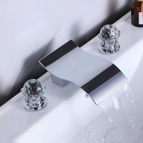 Widespread Bathroom Sink Faucet With Crystal Knob For 3 Hole Waterfall Vanity Faucet 8 Inch Deck Mount Basin Mixer Tap With Hose Chrome Finish