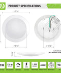 Product specifications for Low Profile 9.5 Inch LED Disk Light Kit, Dimmable 20W 1500 Lumens, 4000K Cool White, CRI 90, Surface Mount.