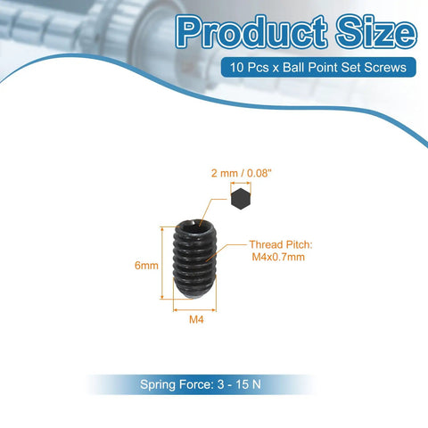 M4x6mm Ball Point Set Screws 10 Pcs Carbon Steel Hex Socket Spring Plungers with dimensions and specs