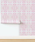Rock Solid Abstract Wallpaper with Faux Acid Pattern designed for Busy Homes and Shops PVC Free Heavy Duty Polyester Face featuring Soft Linen Touch with pink design on wall.