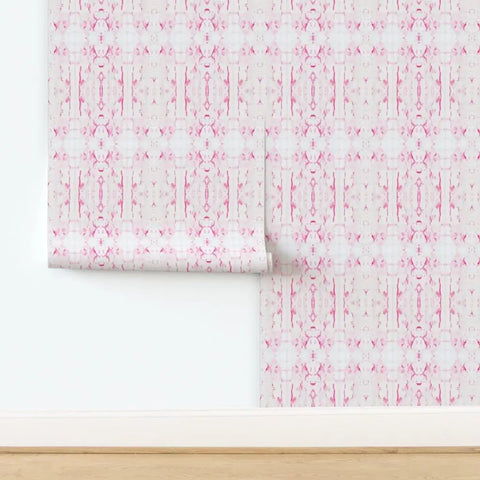 Rock Solid Abstract Wallpaper with Faux Acid Pattern designed for Busy Homes and Shops PVC Free Heavy Duty Polyester Face featuring Soft Linen Touch with pink design on wall.