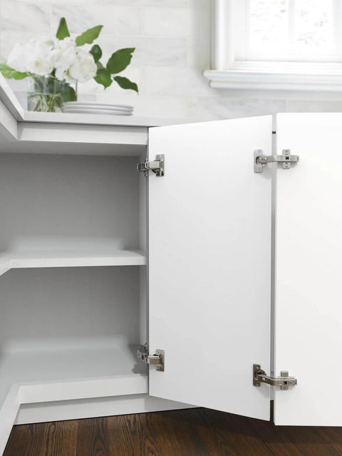 Two Pack Full Overlay 165 Degree Bi Fold Door Soft Closing Concealed Hinge For Face Frame Cabinets Lazy Susan Compatible installed