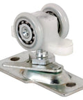 Close-up of Pocket Door Roller Assembly 13/16 Inch Convex Wheel With Plastic Tires, Steel Bracket And Ball Bearings For Bi Fold And Pocket Doors Easy Swap Replacement Part