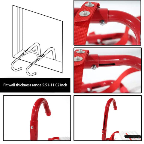 Close-up of hooks and fittings of 15-Foot Emergency Escape Ladder For Two Stories 15 Foot Portable Fire Ladder With Wide Steps And V Center Support Foldable And Space Saving For Quick Window Evacuation From Any Floor