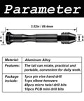 Diagram of Pin Vise Hand Drill Kit with dimensions showing aluminum alloy handle and included tools.