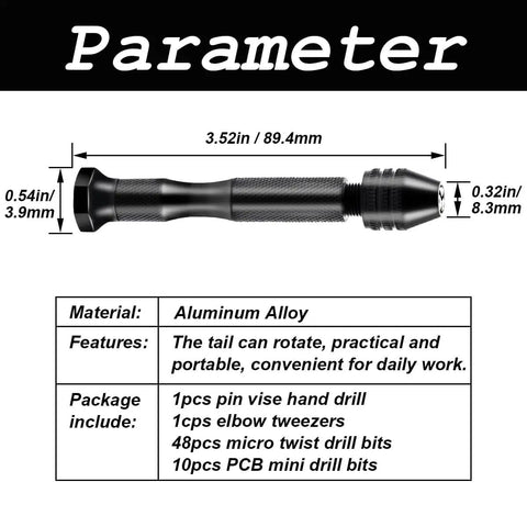 Diagram of Pin Vise Hand Drill Kit with dimensions showing aluminum alloy handle and included tools.