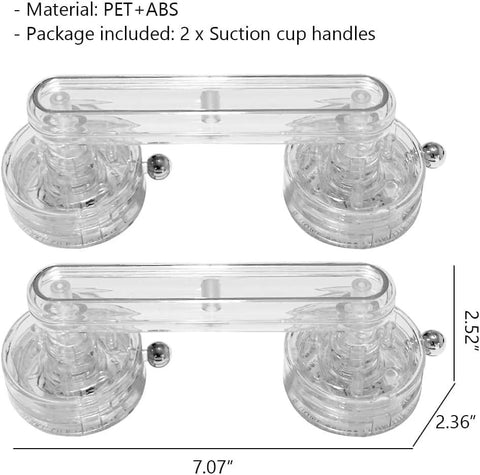 2 Pack Suction Cup Door Handles Punch Free Waterproof Removable Strong Hold for Windows Cabinets, transparent clear design with measurements