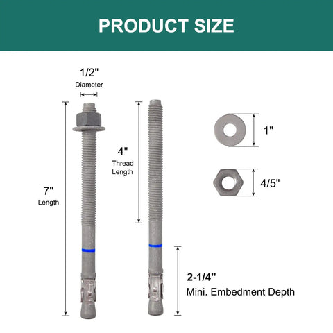 Heavy Duty 1/2 Inch X 7 Wedge Anchors Hot Dip Galvanized Carbon Steel dimensions and specifications with threaded sections and bolts.