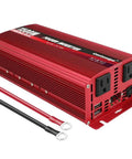 Heavy Duty 1500 Watt Power Inverter DC To AC Converter With Dual Household Outlets And Fast Usb Charging built for durability, showing red casing and connections.