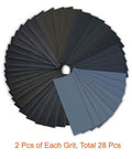 Auto Body Sanding Kit With 28 Pcs Wet Dry Sandpaper Pack, Grit Range 120 To 3000, arranged in a circle, assorted colors