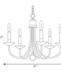 Diagram of Five Light Chandelier In Brushed Nickel Finish, Classic Shaker Style Pendant Fixture, 21 Inch Diameter, 16 Inch Height.
