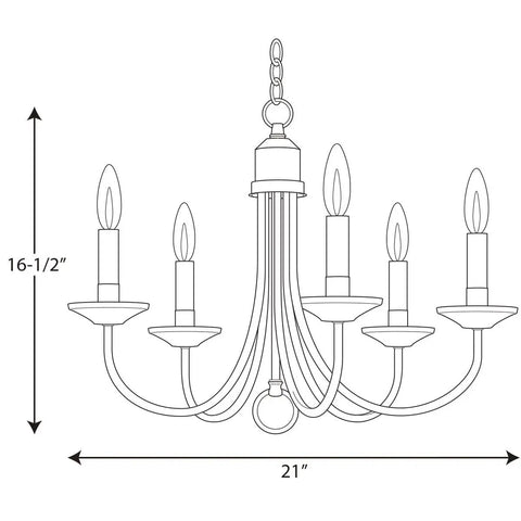 Diagram of Five Light Chandelier In Brushed Nickel Finish, Classic Shaker Style Pendant Fixture, 21 Inch Diameter, 16 Inch Height.
