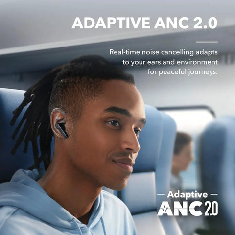 Person wearing Liberty 4 NC Wireless Earbuds With Ninety Eight Point Five Percent Noise Reduction Adaptive Noise Cancelling on a train.