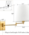 Gold Swing Arm Wall Sconces Two Pack Plug In Brass Wall Lights With White Fabric Shade and Adjustable Arm Diagram