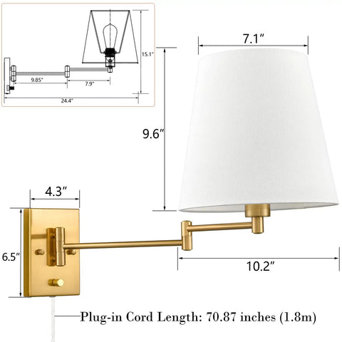 Gold Swing Arm Wall Sconces Two Pack Plug In Brass Wall Lights With White Fabric Shade and Adjustable Arm Diagram