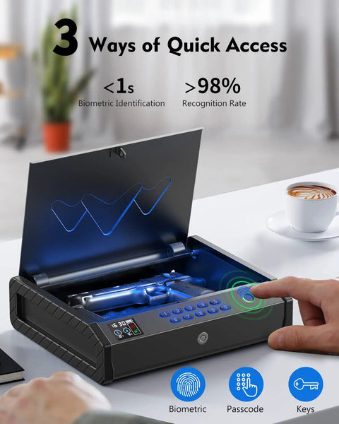 Open Biometric Pistol Safe With LCD Temperature Humidity Display, Quick Access Fingerprint Handgun Safe on a table