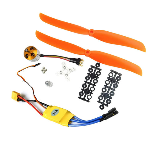 2212 2200KV Brushless Outrunner Motor 13T with 3.5mm banana bullet, orange propellers, and ESC for RC aircraft