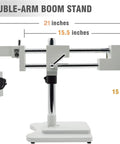 Pro Grade Trinocular Stereo Zoom Microscope With Three Point Five To Ninety Times Magnification Ten Times Widefield Eyepieces Zoom Objective Seven Tenths To Four Point Five Times With Point Five And Two Point Zero X Auxiliary Lenses Double Arm Boom Stand, side view