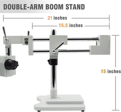 Pro Grade Trinocular Stereo Zoom Microscope With Three Point Five To Ninety Times Magnification Ten Times Widefield Eyepieces Zoom Objective Seven Tenths To Four Point Five Times With Point Five And Two Point Zero X Auxiliary Lenses Double Arm Boom Stand, side view