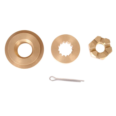 Outboard Propeller Hardware Kit For 8HP To 15HP Engines With Thrust Bushing, Spacer, Prop Nut And Cotter Pin Fits Evinrude Johnson OMC BRP Models Essential Replacement For Your Small Boat Motor, brass components on white background.