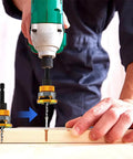 Built Tough Countersink Drill Bit Set With Adjustable Depth Stop And Quick Change Hex Shank being used on wood for precise screw holes.