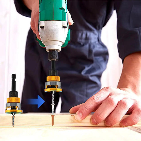 Built Tough Countersink Drill Bit Set With Adjustable Depth Stop And Quick Change Hex Shank being used on wood for precise screw holes.