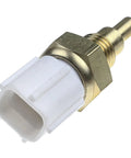Coolant temperature sensor with brass body and white plastic connector (side view)
