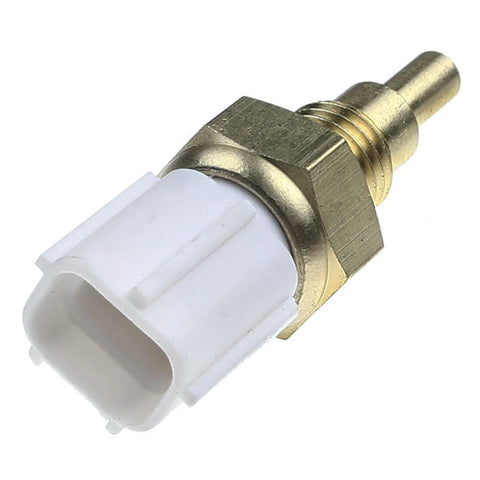 Coolant temperature sensor with brass body and white plastic connector (side view)