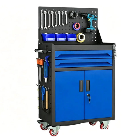 Rolling Metal Tool Cart With Two Drawers, Pegboard Back Panel And Hooks, Heavy Duty Utility Cart For Workshop, Garage Or Warehouse, Adjustable Dividers, Large Top Work Surface, Sturdy Blue Steel Build with pegboard tools