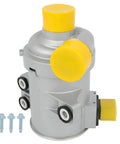 Factory Grade Electric Water Pump For Bmw 328i 2012 To 2016 Straight Dropin Swap showing silver body and yellow caps with bolts.