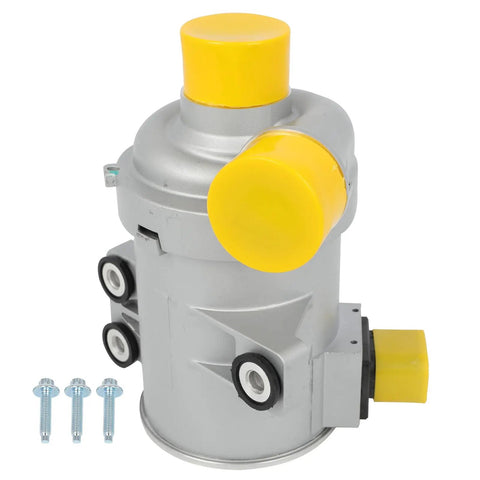 Factory Grade Electric Water Pump For Bmw 328i 2012 To 2016 Straight Dropin Swap showing silver body and yellow caps with bolts.