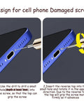 Damaged Screw Removal Kit For Phones And Electronics shown in use, extracting screw from smartphone with tungsten steel drill bit.