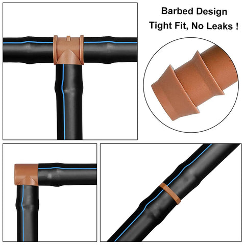 20 Piece Drip Irrigation Tee Fittings for 1/2 Inch Tubing Barbed 3 Way Connectors 0.600 Inch ID, showing tight barbed connection