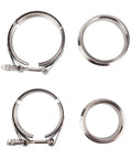Components of Dual V-Band Turbocharger Upgrade for Beefed-Up Street Boost, 0.92 A/R, shown in metal connectors and rings