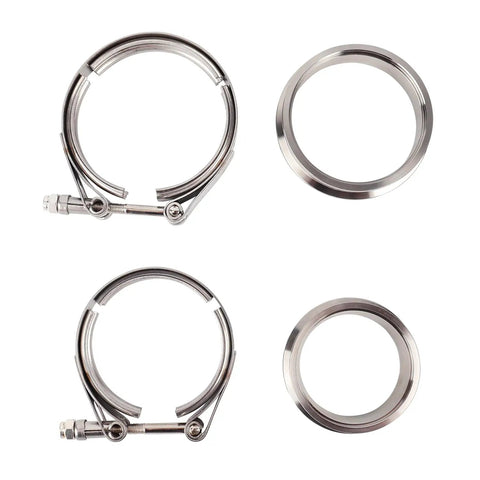 Components of Dual V-Band Turbocharger Upgrade for Beefed-Up Street Boost, 0.92 A/R, shown in metal connectors and rings