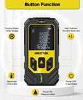 Laser Distance Meter With Dual Bubble Levels And Backlit LCD, Ultra Accurate Measuring Tool For Distance, Area And Volume, Pythagorean Mode, 165 Ft Range, Switchable Units M In Ft, Easy Readouts, front view with button labels