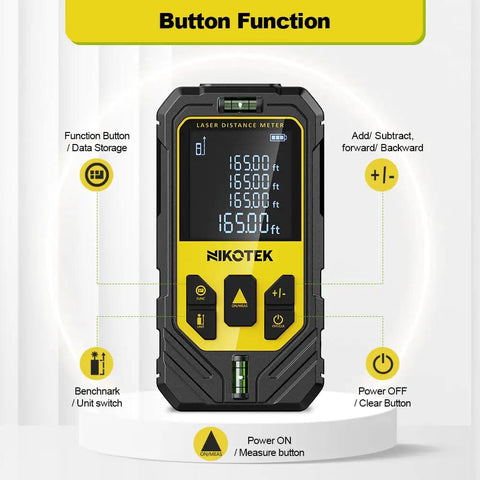 Laser Distance Meter With Dual Bubble Levels And Backlit LCD, Ultra Accurate Measuring Tool For Distance, Area And Volume, Pythagorean Mode, 165 Ft Range, Switchable Units M In Ft, Easy Readouts, front view with button labels