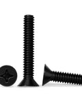 Heavy Duty Flat Countersunk Machine Screws Phillips Drive Hella Tough 304 Stainless Steel Corrosion Proof Black Finish One Hundred Piece Gear Up Kit With Driver Bit, showing black flat screws.