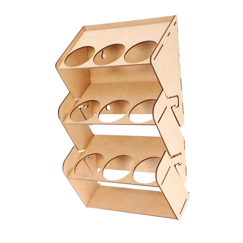 Straight Up Solid Nine Hole Wooden Spray Can Holder And Paint Bottle Rack For Garage Wall Mounted Organizer in light wood finish.
