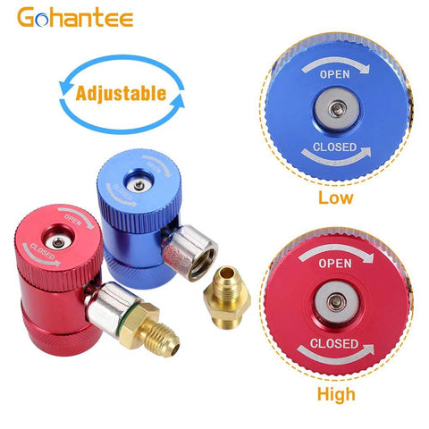 R1234yf quick coupler adapters set, two blue and red aluminum bodies with 1/4 inch fittings