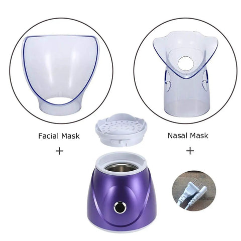 At Home Facial Steamer For Spa Level Steam And Sinus Inhaler with facial and nasal masks, plug, and purple body