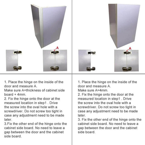 Installation guide for 4 Pack Soft Close Damping Frameless Hidden Cabinet Hinges for cupboard doors showing steps and position.
