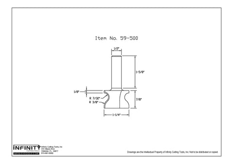 Technical drawing of Window Sill Router Bit With Half Inch Shank Carbide Tip One And A Quarter Inch Cutting Diameter Seven Eighths Inch Cutting Height Seven Thirty Second Inch Radius Beefy Heavy Duty For Handheld Or Table Mounted Wood Routers