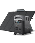 On The Go Portable Solar Generator 120V 3.6kWh Delta Pro With 400W Solar Panel, showing five AC outlets and digital display.