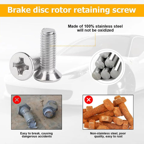 16Pc Stainless Steel Car Brake Disc Rotor Screws Kit showcasing durable screws and material quality comparison.