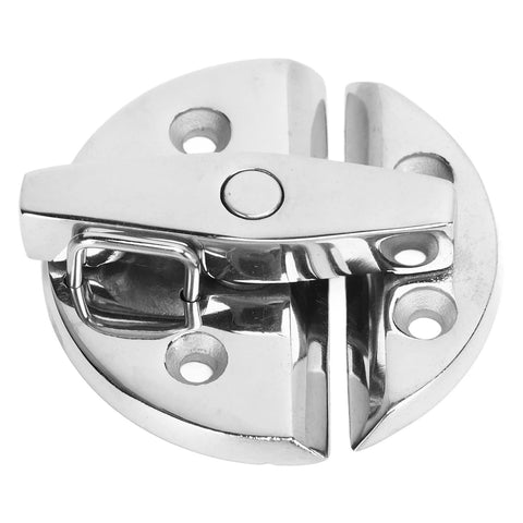 Front view of a round marine-grade stainless steel boat twist latch with mirror finish and secure lock