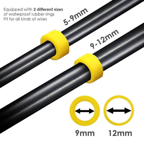 Close-up of yellow waterproof rubber rings fitting 5-9mm and 9-12mm coaxial cables for Beefy Waterproof IP68 Junction Box 2 Way M20 Connector.
