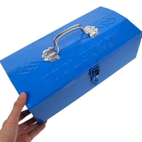 Blue Iron Toolbox With Heavy Duty Lock And Steel Reinforced Corners Comfortable Grip Bar For Hardware Bits Sorting