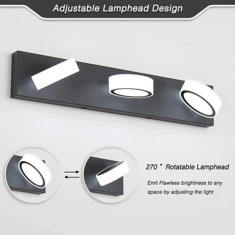 Matte Black Vanity Lights Over Mirror Three Light Modern Bathroom Fixture With Rotatable Oval Lampshades Adjustable 270 Degree