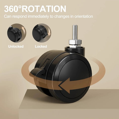 Top Shelf Black 2.5 Inch Locking Swivel Caster Wheels Set Of 4 With M8 Threaded Stem Mount shown in 360-degree rotation position.